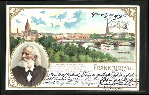 Lithographie Frankfurt, Mainpanorama mit Brücke und Kirchtürmen