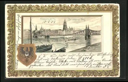Passepartout-Lithographie Alt-Frankfurt, Eiserner Steg, Wappen, Mainbrücke, Dampfer