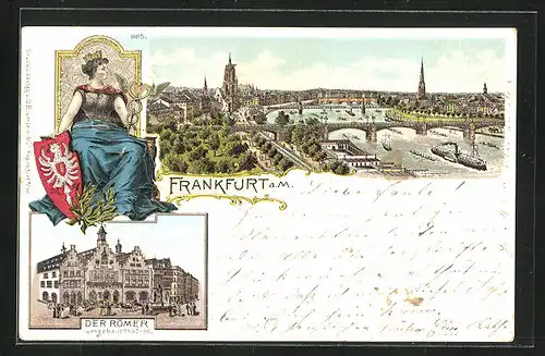 Lithographie Alt-Frankfurt, Römer, Mainpanorama mit Brücken und Kirche