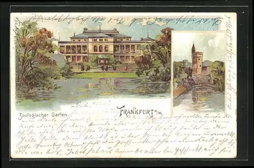 Lithographie Frankfurt-Westend, Zoologischer Garten, Turm, Weiher m. Brücke