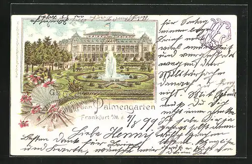 Passepartout-Lithographie Frankfurt-Westend, Palmengarten mit Springbrunnen und Rabatten