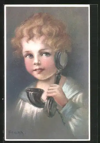 Künstler-AK Elly Frank: Hier Bubi wer dort?, Kleiner Junge am Telefon