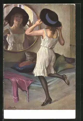 Künstler-AK St. Bender: Junge Frau mit neuem Hut vor dem Spiegel
