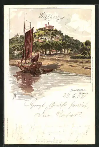 Künstler-AK Carl Biese: Blankenese, Strasnd mit Segelboot