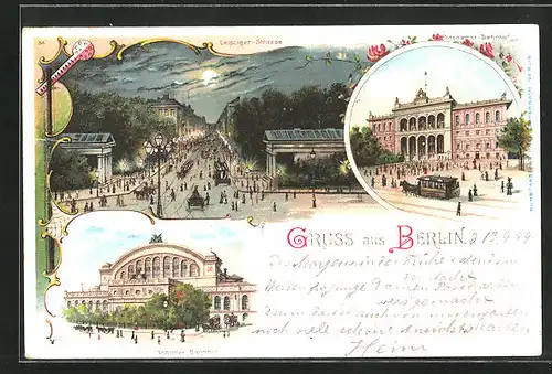 Lithographie Berlin-Tiergarten, Potsdamer-Bahnhof, Anhalter Bahnhof, Leipziger-Strasse mit Pferdebahn bei Mondschein