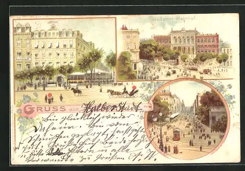 Lithographie Berlin-Tiergarten, Gasthaus Josty & Co. und Apotheke, Potsdamer Bahnhof, Strassenpartie mit Strassenbahn