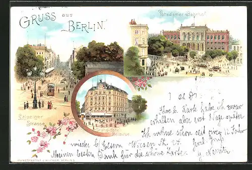 Lithographie Berlin-Tiergarten, Grand-Hotel-Bellevue, Potsdamer Bahnhof, Leipziger Strasse