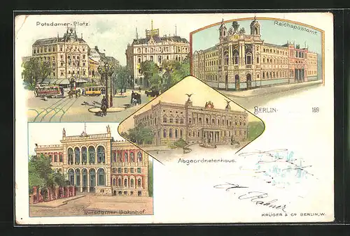 Lithographie Berlin-Tiergarten, Potsdamer Platz mit Hotel Saxonia & Pferdebahn, Reichspostamt, Abgeordnetenhaus