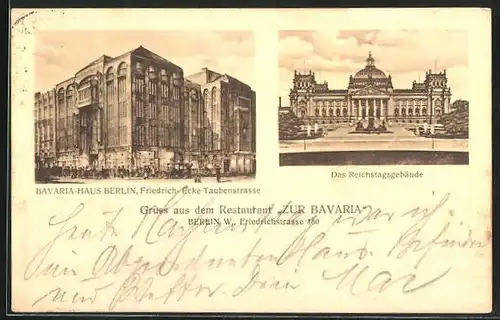 AK Berlin, Restaurant Zur Bavaria, Friedrichstrasse Ecke Taubenstrsse, Reichstagsgebäude