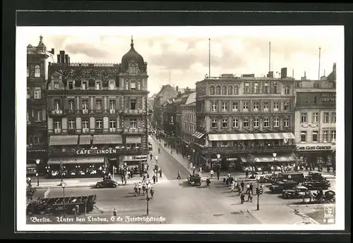 AK Berlin, Unter den Linden Ecke Friedrichstrasse mit Strassenverkehr