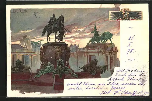 Lithographie Berlin, Denkmal Kaiser Wilhelm des Grossen