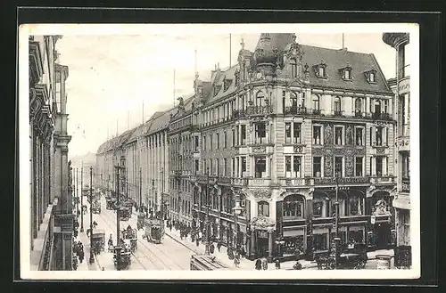 AK Berlin, Leipziger Strasse mit New York Insurance-Company und Strassenbahn