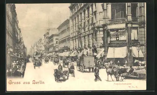 AK Berlin, Friedrichstrasse mit Geschäften und permanenter Ausstellung