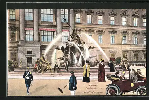 AK Berlin, Schlossplatz und Neptunbrunnen mit Auto