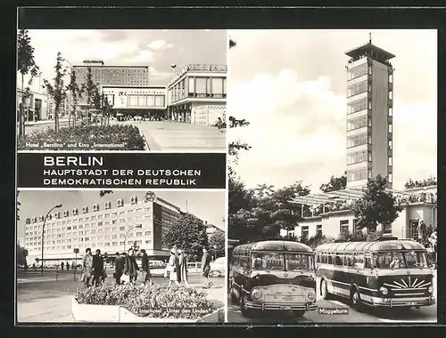 AK Berlin-Köpenick, wartende Busse vor dem Müggelturm, Hotel Berolina und Kino International, Interhotel
