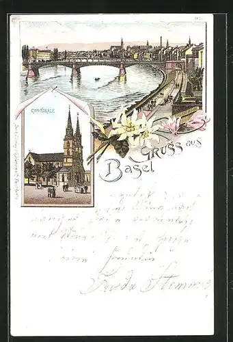 Lithographie Basel, Rheinpartie, Kathedrale