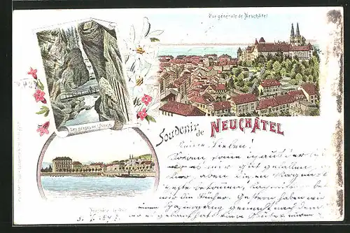 Lithographie Neuchatel, Vue générale, Le Port, Les Gorges de l`Areuse