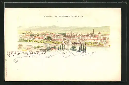 Lithographie Aarau, Ortsansicht vom Alpenzeiger aus