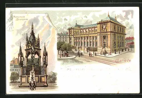 Lithographie Genève, Hotel des Postes, Monument Brunswic