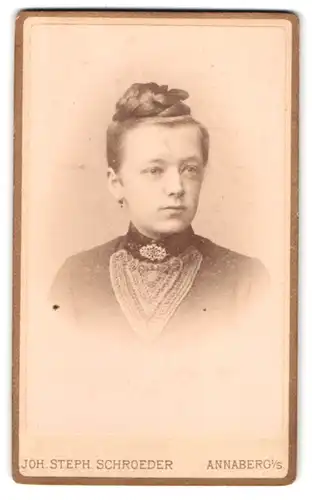 Fotografie Joh. Steph. Schroeder, Annaberg i. S., Carlsplatz 756, Portrait junge Frau im Kleid mit hochgestecktem Zopf