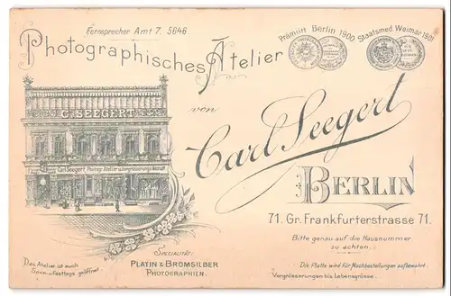 Fotografie Carl Seegert, Berlin, Gr. Frankfurterstr. 71, Ansicht Berlin, Aussenfasade des Ateliersgebäude