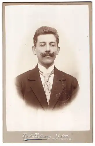 Fotografie Emil Thielemann, Potsdam, Waisenstr. 58, Portrait Herr im Anzug mit fransigem Kaiser Wilhelm Bart
