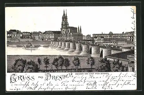 Lithographie Dresden, Teilansicht mit Elbbrücke