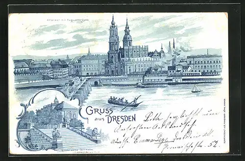 Lithographie Dresden, Altstadt mit Augustbrücke, Brühl`sche Terrasse