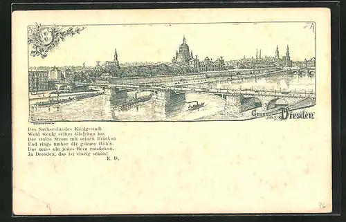 Lithographie Dresden, Totalansicht mit Elbrücke und Frauenkirche