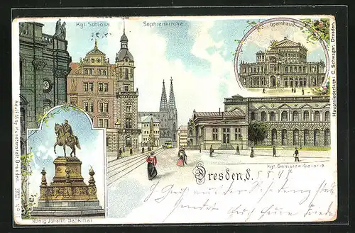 Lithographie Dresden, Kgl. Schloss, Sophienkirche und König Johann Denkmal