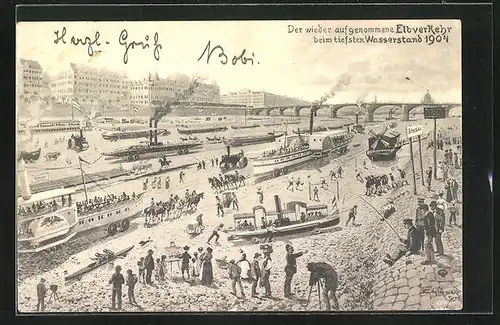 AK Dresden-Neustadt, Der wieder aufgenommene Elbverkehr beim tiefsten Wasserstand 1904