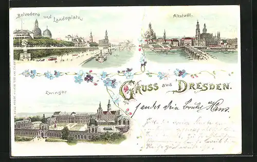 Lithographie Dresden, Belvedere und Landungsplatz, Ansicht der Altstadt & Zwinger