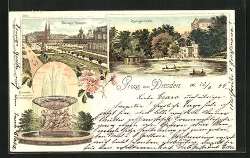 Lithographie Dresden, Zwingerteich, Innere des Zwingers und Brunnen Stilles Wasser auf dem Albertsplatz