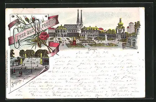 Lithographie Dresden, Blick in den Zwinger & Brühl`sche Terrasse