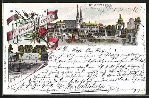 Lithographie Dresden, Brühl`sche Terrasse und Innere des Zwinger