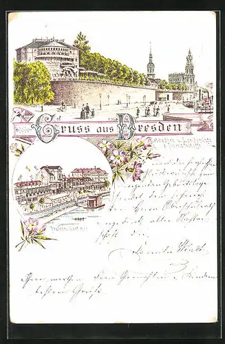 Vorläufer-Lithographie Dresden, 1892, Italien. Dörfchen, Belvedère u. Landeplatz