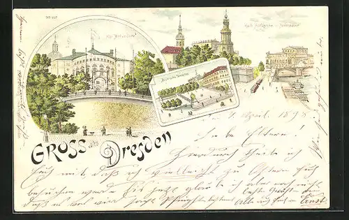 Lithographie Dresden, Kgl. Belvedere, Brühl`sche Terrasse, Kath. Hofkirche