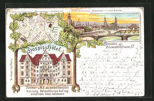 Lithographie Dresden, Hospiz Hotel, Teil der Stadtkarte, Zinzendorfstrasse 17