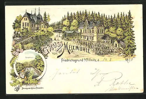 Lithographie Dresden-Pillnitz, Gasthaus Meixmühle im Friedrichsgrund