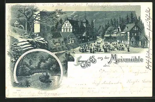 Lithographie Dresden-Pillnitz, Gasthaus Meixmühle bei Vollmond