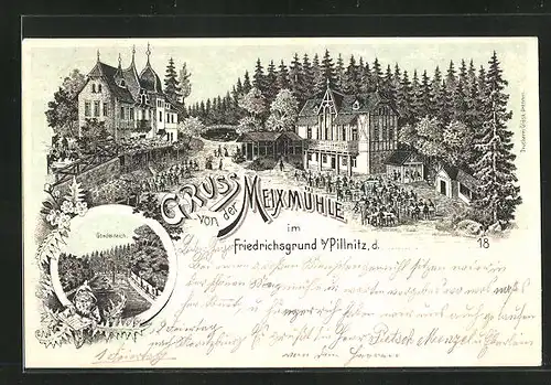 Lithographie Dresden-Pillnitz, Gasthaus Meixmühle im Friedrichsgrund