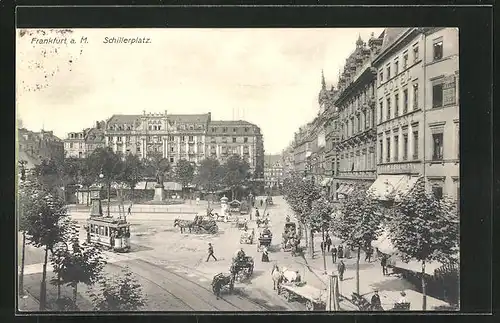 AK Frankfurt a. M., Schillerplatz mit Hotel Milani und Strassenbahn