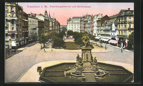 AK Frankfurt a. M., Goetheplatz mit Geschäften und Gutenbergdenkmal