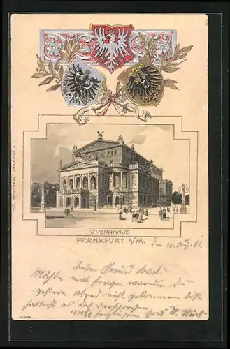 Passepartout-Lithographie Frankfurt a. M., Opernhaus, Wappen