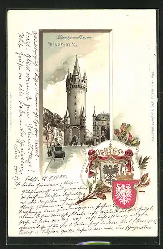 Passepartout-Lithographie Frankfurt a. M., Eschenheimer Turm, Wappen