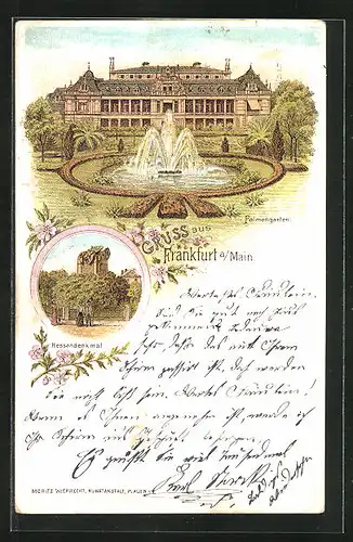 Lithographie Frankfurt-Westend, Palmengarten mit Springbrunnen, Hessendenkmal