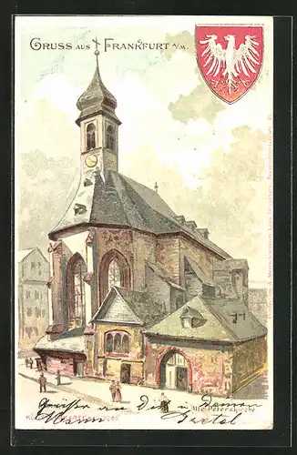 Künstler-AK Alt-Frankfurt, Alte Peterskirche mit Wappen