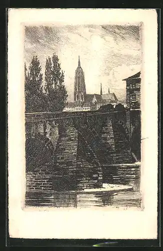 Künstler-AK Alt-Frankfurt, Brücke und Kirche