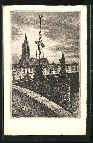 Künstler-AK Alt-Frankfurt, Brücke und Kirche