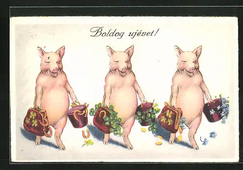 AK Drei Schweine mit Taschen voller Kleeblätter, Neujahrsgruss